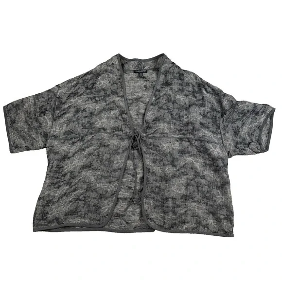 Eileen Fisher Jacket Womens Petite Large Gray Linen Silk Trim Kimono Tie Front - Picture 4 of 9